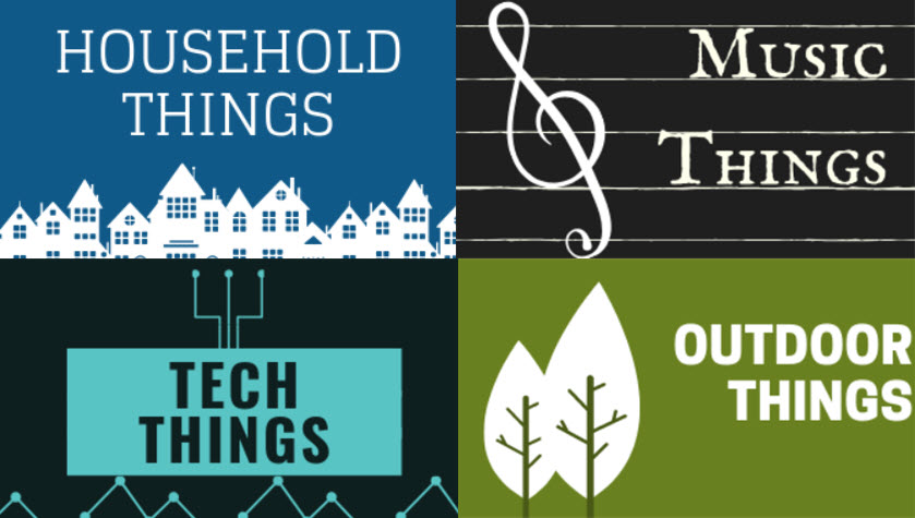 Labelled graphics for Household Things, Music Things, Tech Things, Outdoor Things