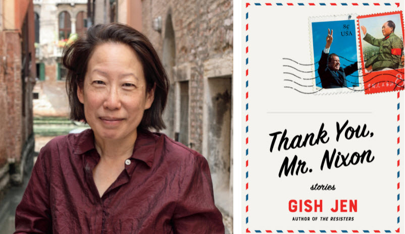Photo of author Gish Jen and book cover image of her book Thank You Mr Nixon