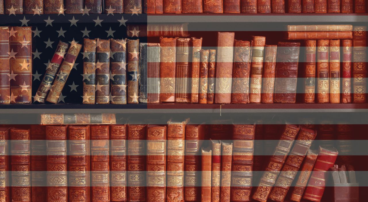 Shelves of leather-bound books overlayed with an image of the American flag