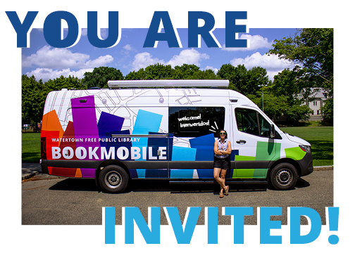 Photo of bookmobile and outreach librarian with the added text You are invited