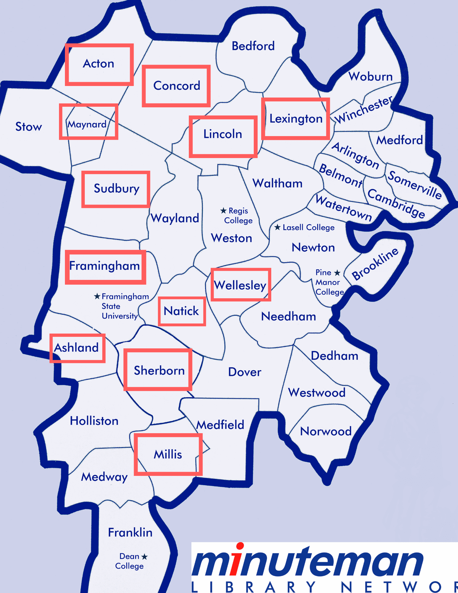 Map of Minuteman Library Network with participating libraries highlighted