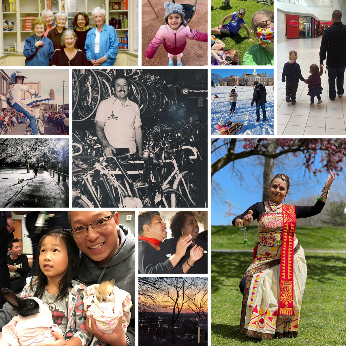 A collage of photos submitted by community members, depicting peope of a variety of ages and backgrounds. Some older photos are in black and white.
