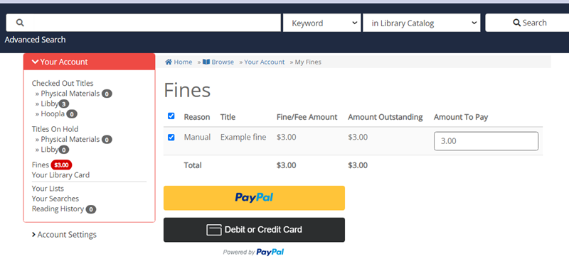 Screenshot of Fines section of Account, with an example fine selected