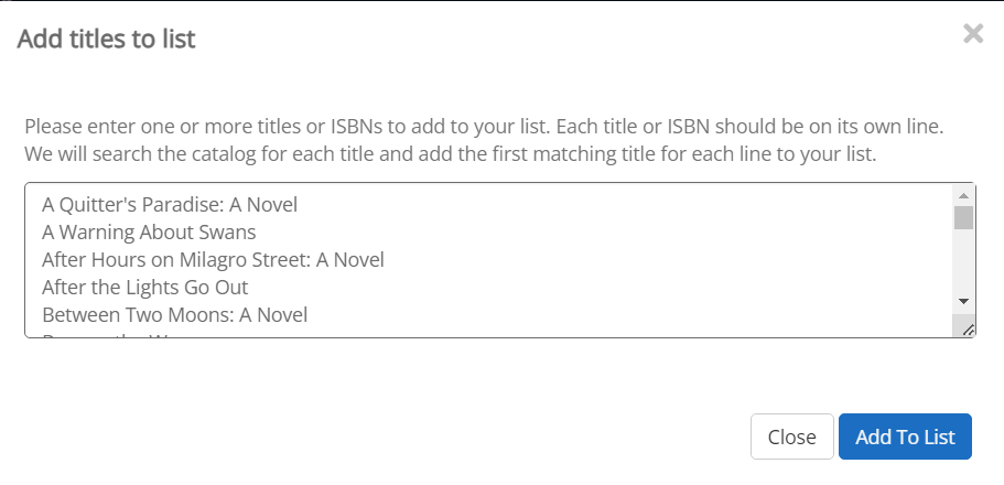 Pop-up window for pasting in list of titles or ISBNs