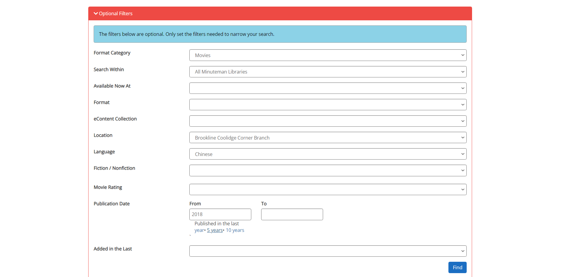 Screenshot of advanced search form with the example filters selected