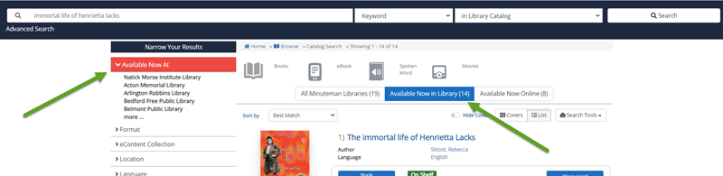 Screenshot of search results with "Available Now At A Library" selected