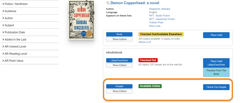 Catalog results with a highlighted box around the Hoopla option for an audiobook