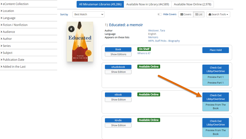 Arrow pointing to Check Out in Libby/Overdrive button under a search result