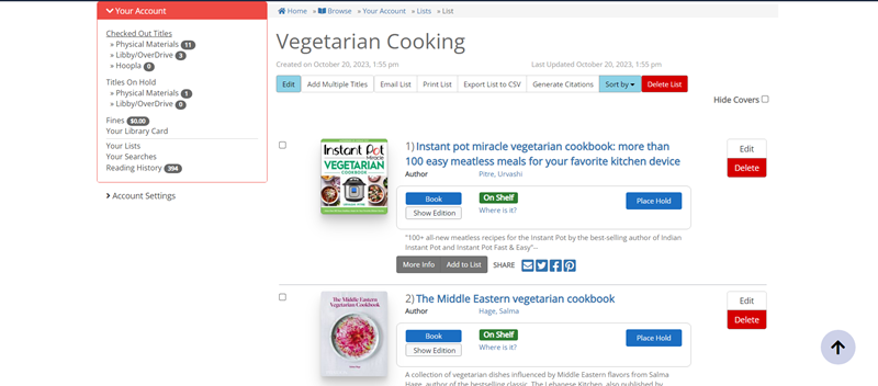 Screenshot of Your List page with a list called Vegetarian Cooking and several saved titles