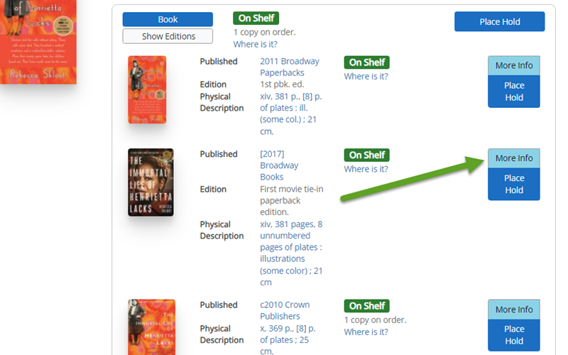 A screenshot of catalog result with different edition details displayed and new links to "More info"