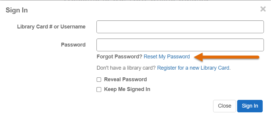 Sign-in screen with an arrow pointing to the Reset My Password link