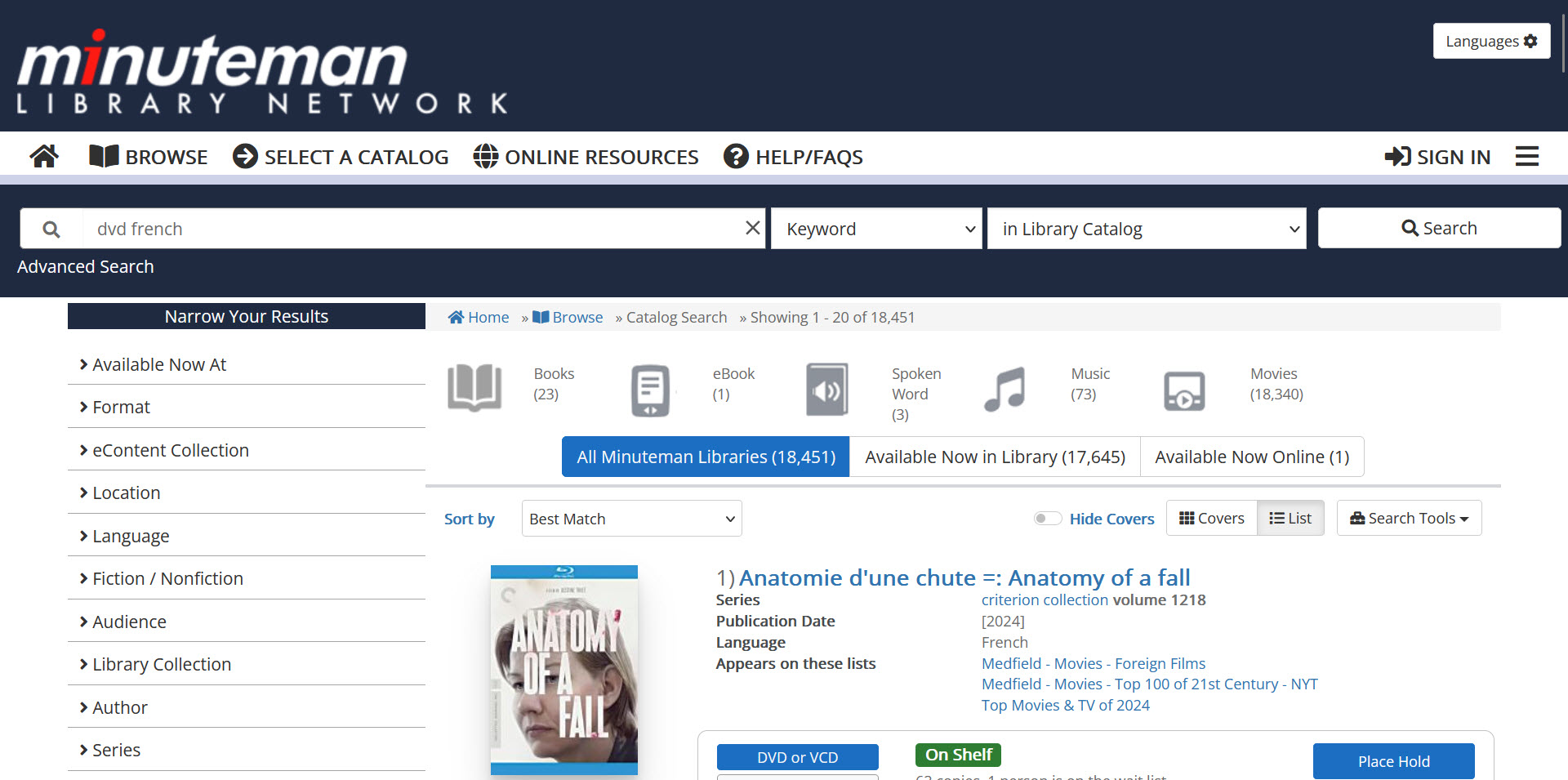 Screenshot of Minuteman catalog with "dvd french" in the search bar