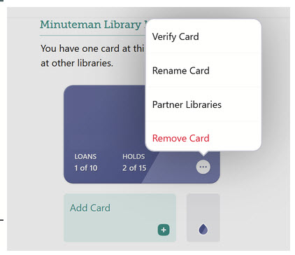 Libby app card managment app screen with action menu open to verify rename or remove card