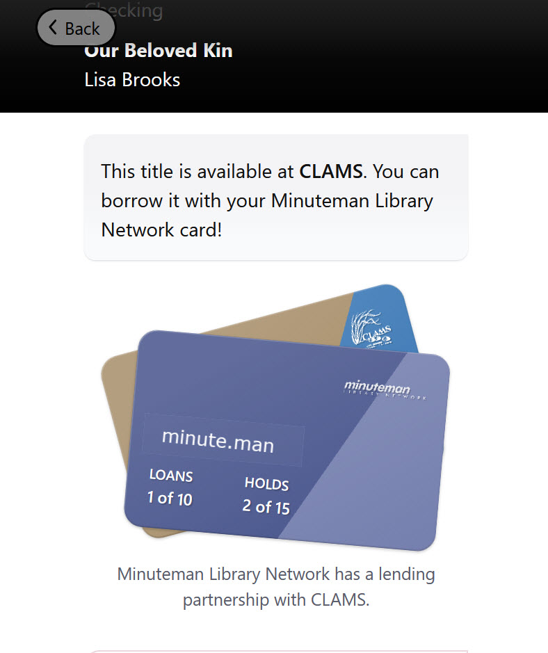 Screenshot showing a 2 library card images, with the Minuteman card on and the card number