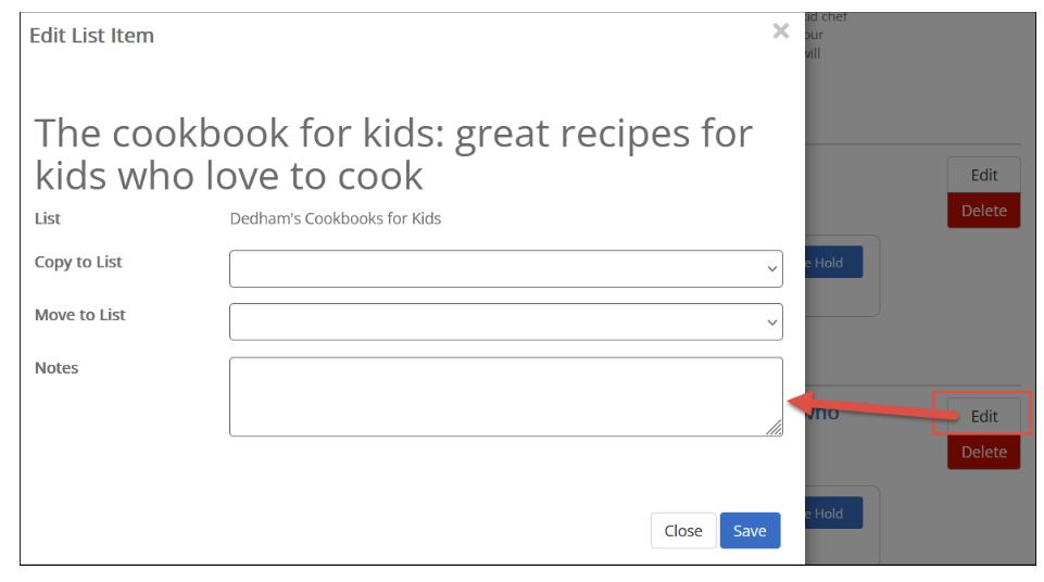 Screenshot of the Edit item pop-up menu