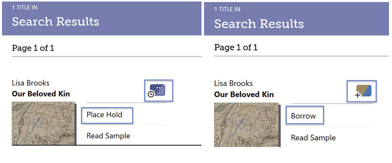 Screenshots showing the same title in the Libby App, where Minuteman's copy has the action to Place Hold and CLAMS's copy has Borrow